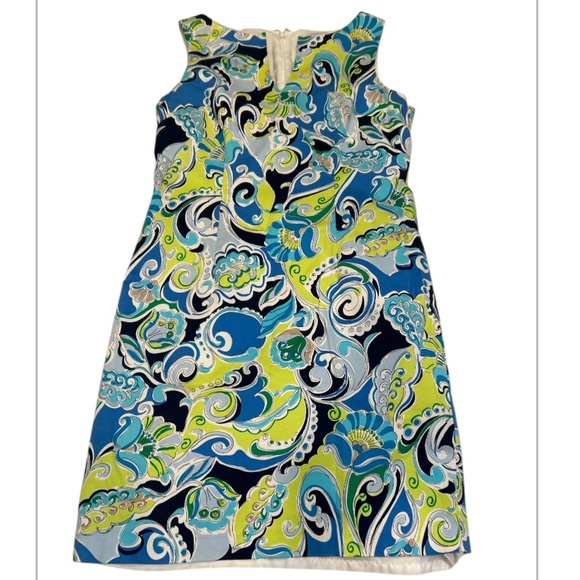 Chadwick paisley blue‎ and yellow dress with swirls, size 8P. - Picture 1 of 6